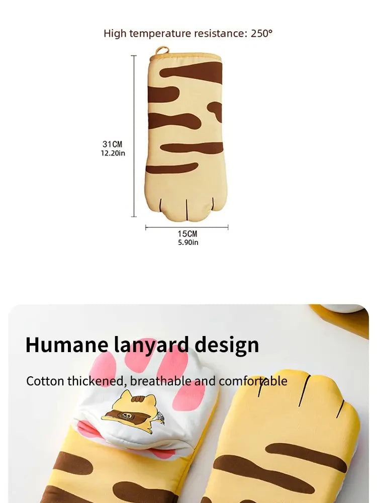 Microwave Long Cotton Gloves Cute Cat Paws Oven Insulation Gloves Heat Resistant Non-Slip Single Glove Kitchen Baking Supplies