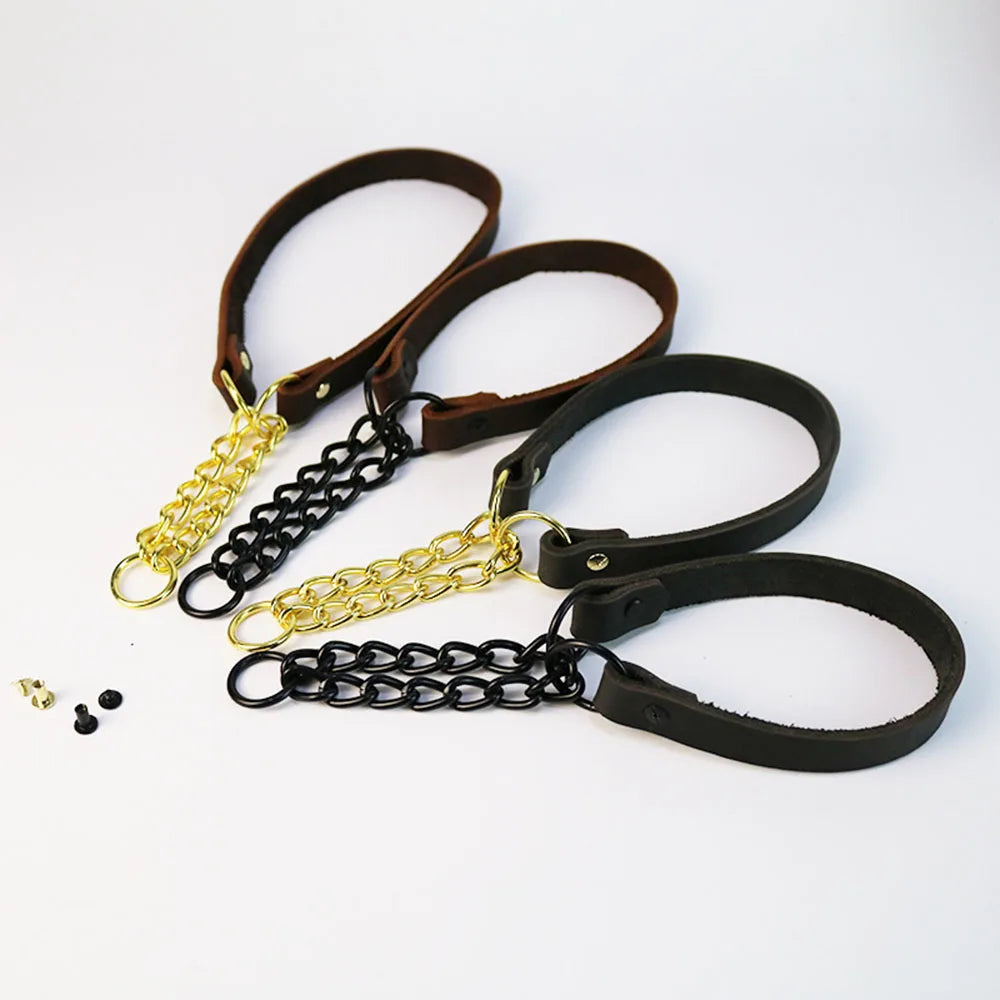 Dog Choke Collar Genuine Leather Dog Collar Dog Choking Chain Collar Stainless Steel Chain No Pull Dog Leather Training Collar