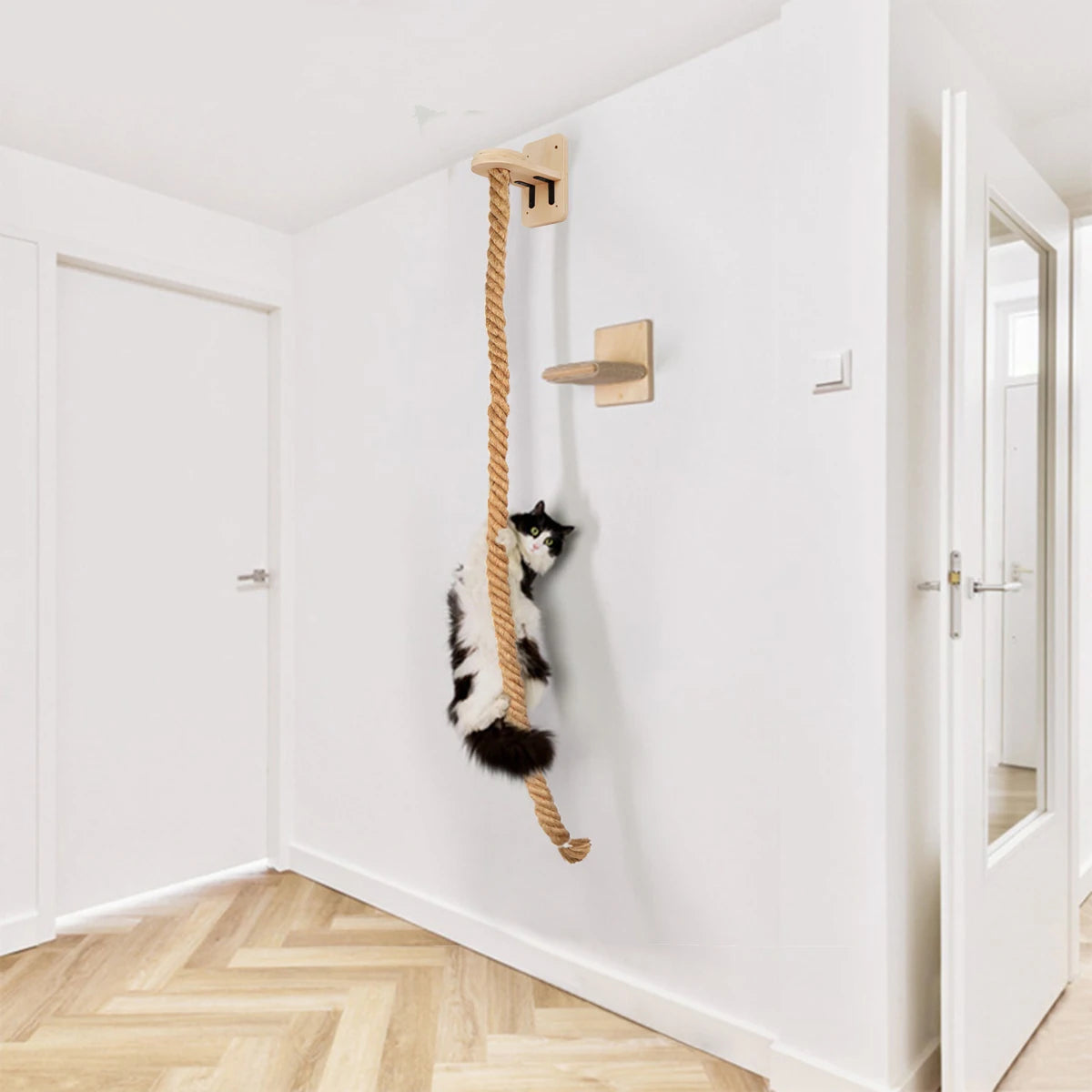 Wooden Cat Wall Hammock Perch Sisal Cat Wall Shelves Four-Step Steps Cat Scratching Post Indoor Cat Nest Tree Climber Furniture