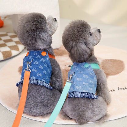 New Dog Harness and Leash Set for Small Dogs, Dark Wash Denim Puppy Dog Vest Harness Tassels Pet Jeans Butterfly Harness