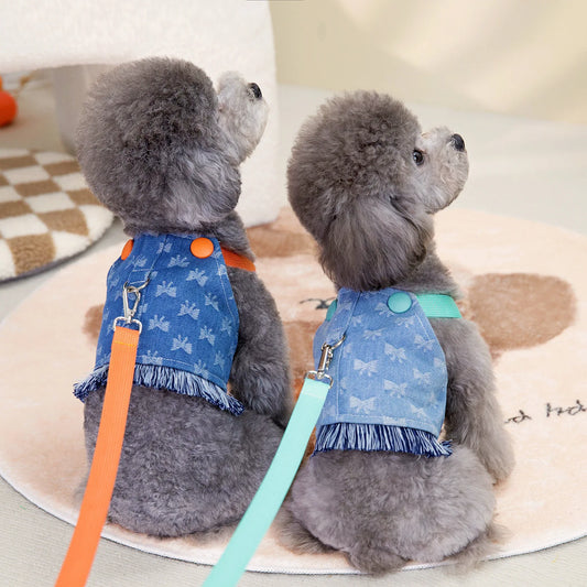 New Dog Harness and Leash Set for Small Dogs, Dark Wash Denim Puppy Dog Vest Harness Tassels Pet Jeans Butterfly Harness