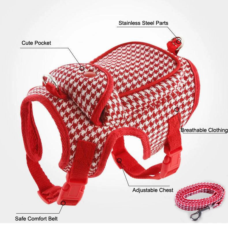 Houndstooth Small Vest PetDog Backpack Harness With Pocket Leash Lead Set Outdoor Pet Collar Walking Puppies Cats Carrier Bags
