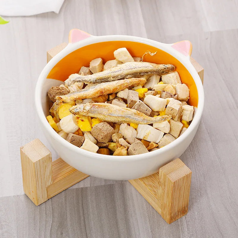 Ceramic Dog Bowl Raised Round Dog Cat Bowl No Spill Pet Dish for Food Water Feeding Cute Cartoon Printed Pet Dog Elevated Dish