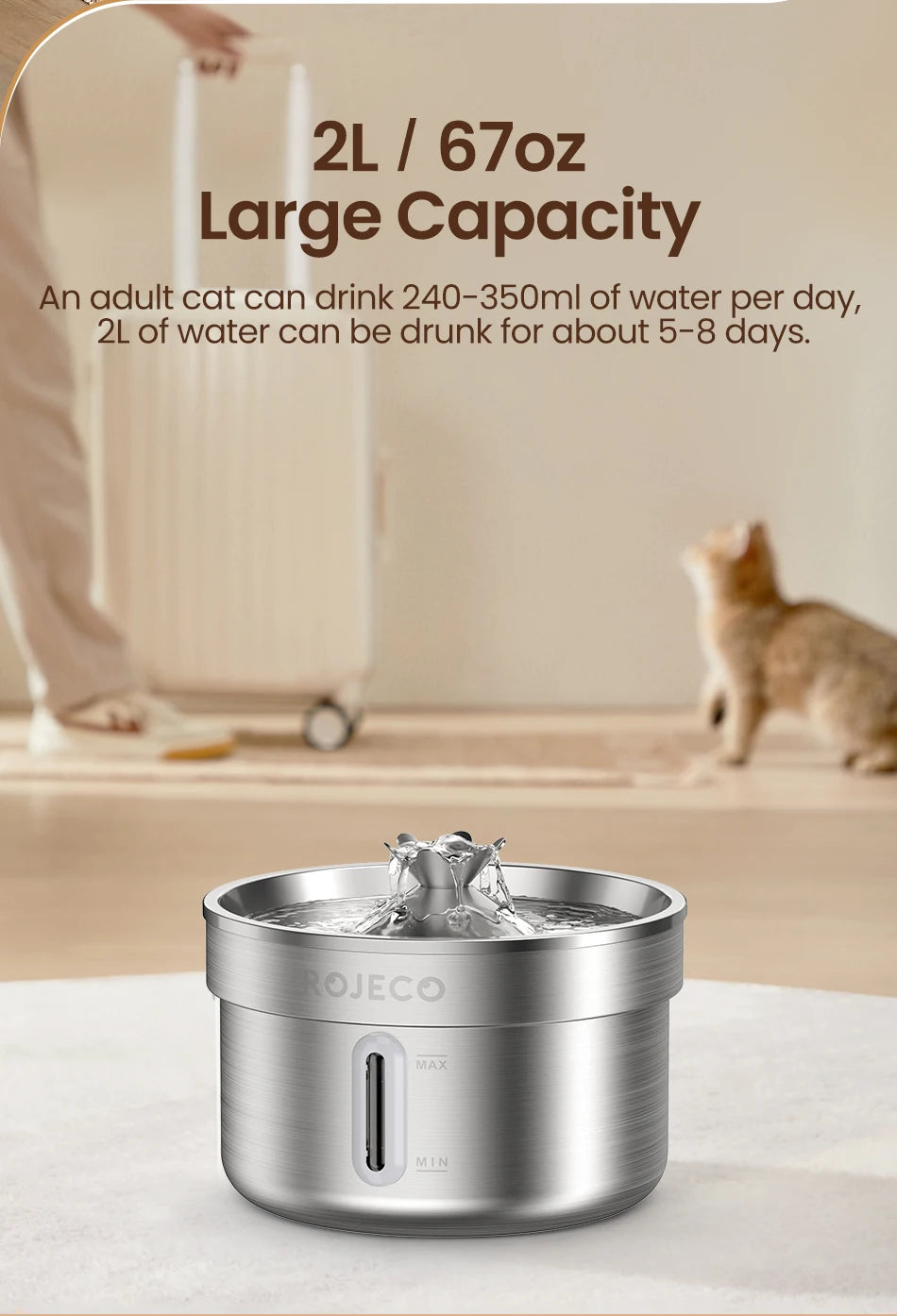 ROJECO Stainless Steel Pet Drinking Fountain Automatic Cat Water Fountain Smart Pet Water Dispenser for Dog Cat Drinking Supply