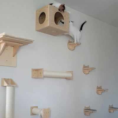 Cat Climbing Shelf Furniture Wall Mounted Cat Hammock and Wooden Stairway with Scratching Post for Cats Indoor Playing and Rest