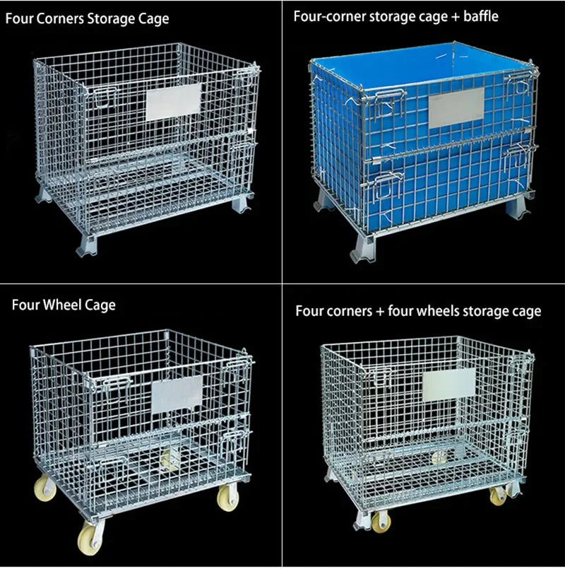 Heavy Duty Foldable Warehouse Iron Wire Cage Mesh Collapsible Container Pallet Cage Metal Collapsible Shipping Cage with Wheels