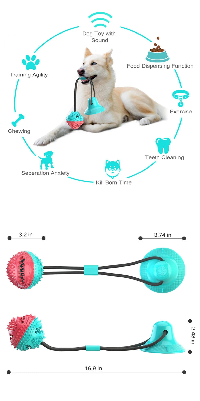 Dog Tug of War Toy Chew Toy Slow Feeder Food Dispenser Sounding Interactive Toy Firmly Suction Cup Toothbrush Durable Molar Ball