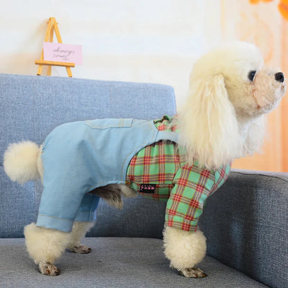 Dogs Clothes Jumpsuits Spring Autumn Denim Sling Plaid Pet T-Shirt Plaid Cat Dress Pet Puppy Skirt Teddy Puppy Clothes Small Dog
