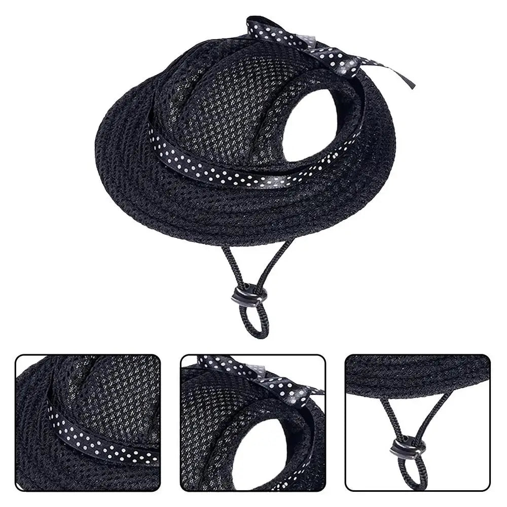 Breathable Dogs Sun Hats Round Brim Dog Visor Hat Outdoor Breathable Sun Protection With Ear Holes Mesh Sun With Adjustable Chin