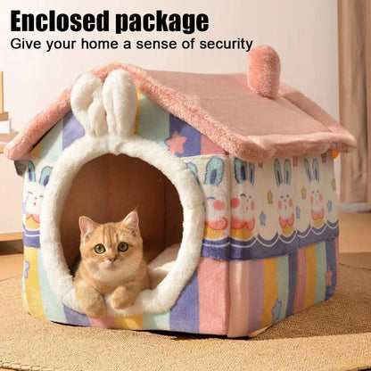 Cute Luxury Cat Villa Cat Bed Winter Warmth Fully Enclosed Removable Cushion Pillow Cat Tent Cat Dog Pet Nest Girl Pink PP Cotto