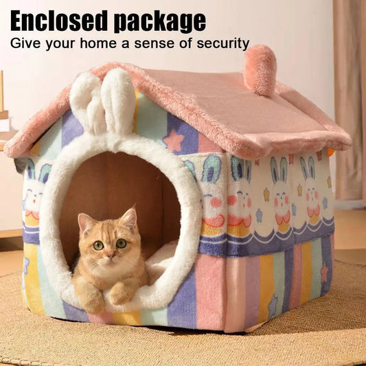 Cute Luxury Cat Villa Cat Bed Winter Warmth Fully Enclosed Removable Cushion Pillow Cat Tent Cat Dog Pet Nest Girl Pink PP Cotto