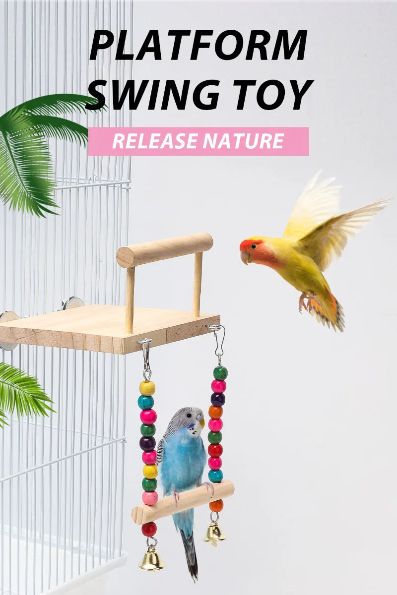 CAWAII KENNEL Pet Bird Swing Toy Wooden Parrot Perch Stand Playstand with Chewing Beads Cage Playground for Budgie Birds