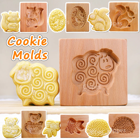 1PC Wood Cookie Mold, Animals Patterns, 3D Carved Embossed Biscuit Cutter Moulds, Fish, Bird, Bear, Sheep, Tiger, Horse, Squirre