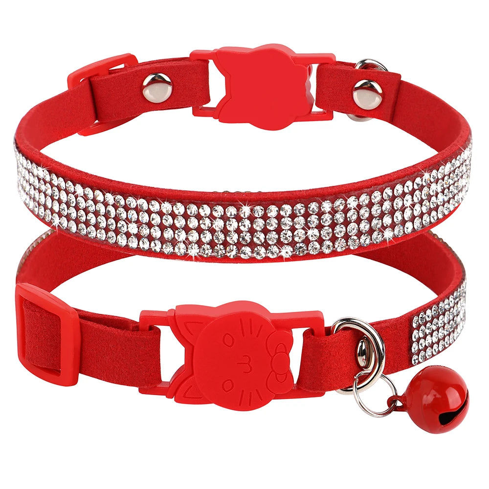 Suede Leather Cat Collar Bling Rhinestone Cats Collars with Bell Safety Breakaway Pet Puppy Necklace Adjustable XS S Pink Soft