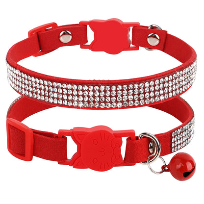 Suede Leather Cat Collar Bling Rhinestone Cats Collars with Bell Safety Breakaway Pet Puppy Necklace Adjustable XS S Pink Soft