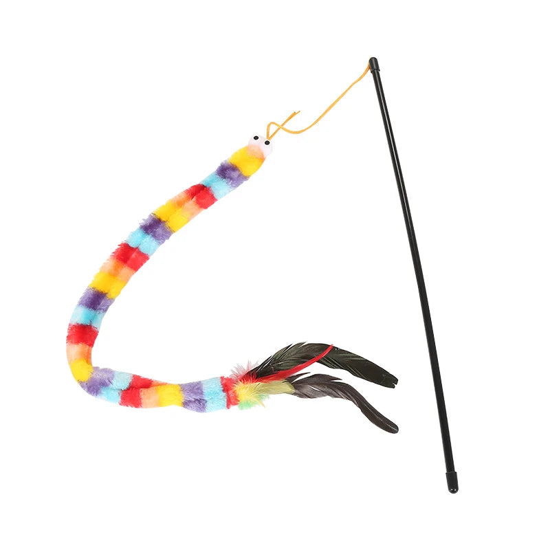 Rainbow Caterpillar Teaser Cat Stick Feather Top Durable Bite Resistant Pet Cat Toy Interactive Lightweight Handle Kitten Tools