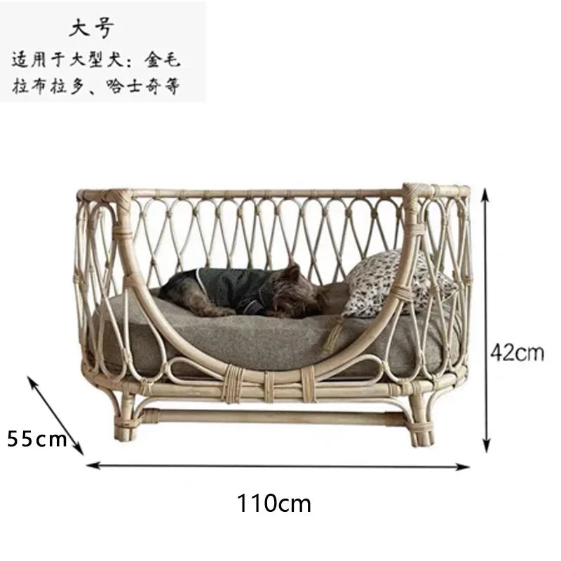 Japanese ins natural rattan dog cat pet bed teddy kennel princess bed summer removable cage