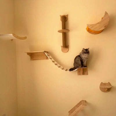 1 Piece Cat Wall Mounted Wood Frame Hammock and Platform with Scratching Post or Feeder Cat Living Playground Indoor Furniture