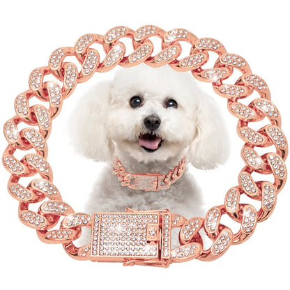 Dog Chain Diamond Cuban Collar,with Design Secure Buckle,Walking Metal Chain Collar,Pet Cat Cuban Collar Jewelry Accessories