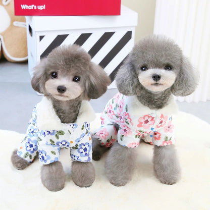 Thicken Warm Padded Dog Jumpsuit for Small Dogs, Chinese Style Floral Pattern Pet Costume Sherpa Lined Dog Winter Clothes