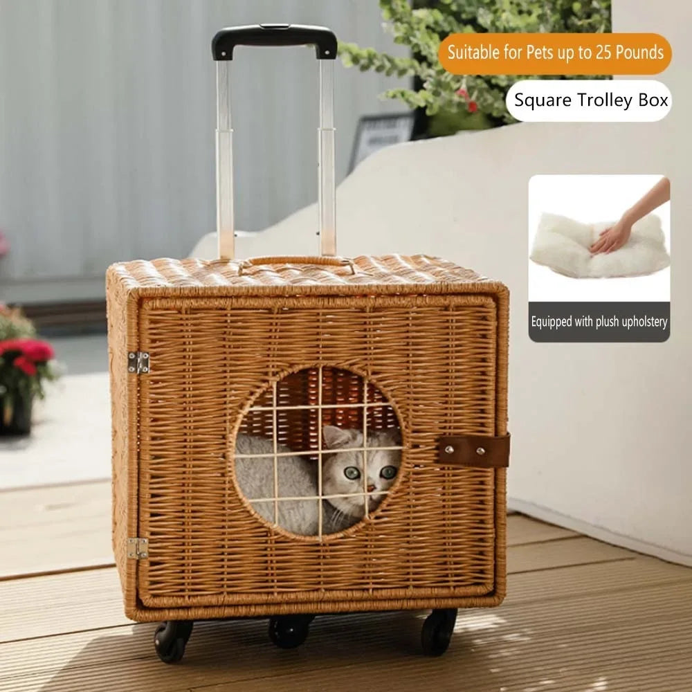 Cat Carrier Suitcase with Wheels for Pet Travel, knit Hard Cat Carrier Luggage with Mat and Telescopic Handle