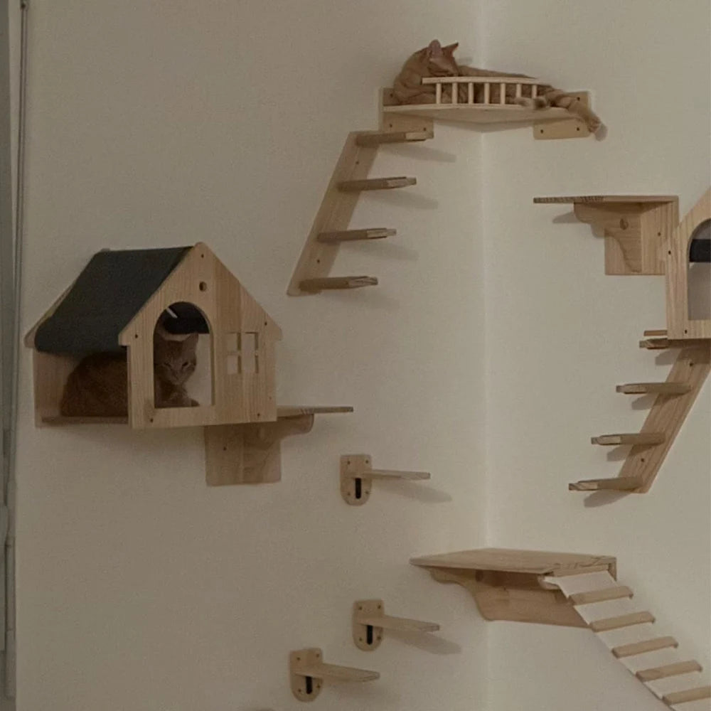 Cat Bridge Wall Mounted Wooden Furniture Scratcher Kitty Beds Perches Stable Cats Wall Shelves For Sleeping Playing Climbing