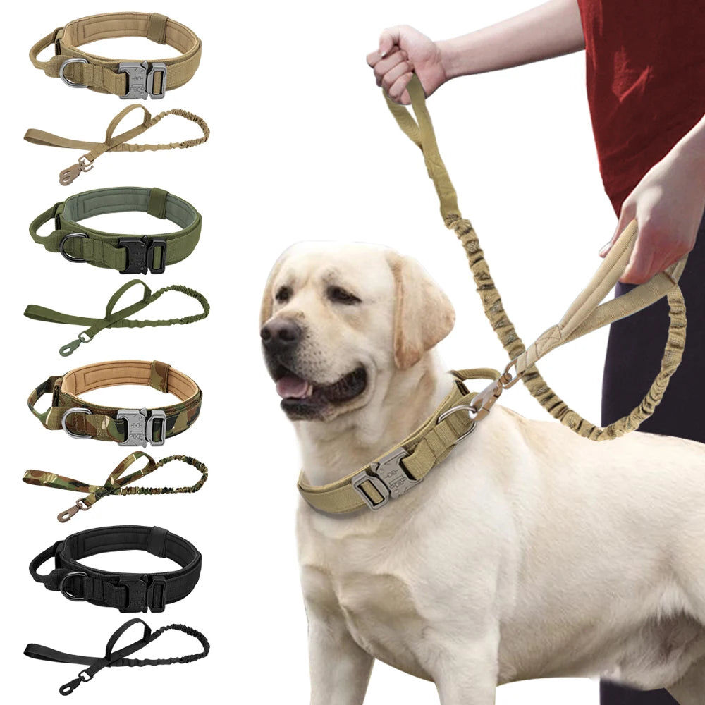 Durable Tactical Dog Collar Military Bungee Leash Set Nylon Walking Training Pet Collar for Medium Large Dogs German Shepard