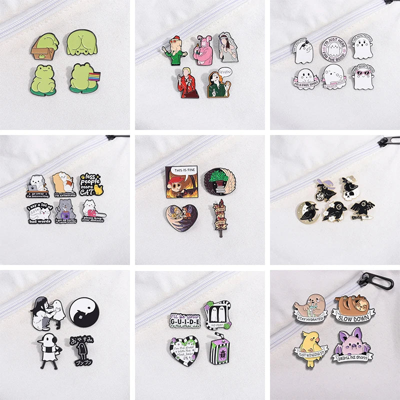 Funny Animal Sets Enamel Pins Cartoon Anime Figure Ghost Spooky Cute Cat Bird Brooches Backpack Lapel Badge Punk Jewelry Gifts