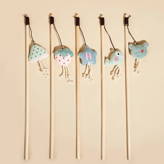 Cat Toy Cat Teaser Sticks Wooden Rod Funny Cat Stick Light Color Plush Doll Elastic Rope With Bell Cat Self-hi Toy