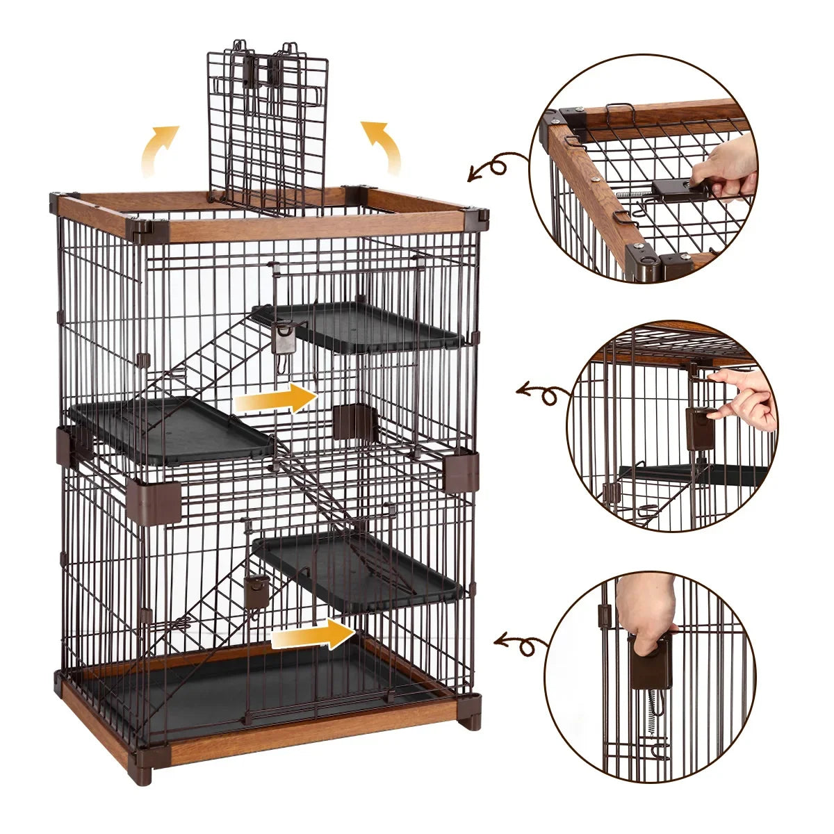 Pet Scene Large 3-Tier Pet Enclosure with WPC Frame and Iron Wire Button Closure Rabbit Hutch Cat Cage Ferret Kennel for Pets