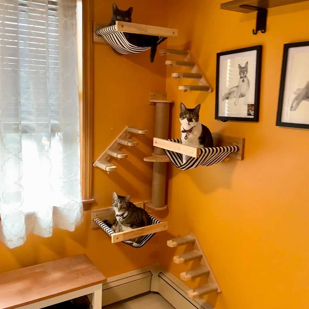 Cat Climbing Shelf Wall Mounted Cat Tree Four Step Stair Indoor Wood Scratching Post for Cat Wall Climbing Furniture Cat Hammock