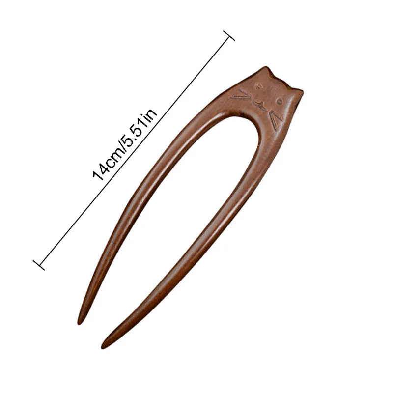 Chinese Cat Pattern Hair Sticks Wooden U Shaped Hair Forks for Women Girls Hanfu Hairpin Headwear Headpieces Hair Accessories