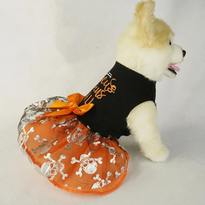 Halloween Dog Costume Funny Dog Clothes Pumpkin Print Pet Dress Chihuahua Bichon Clothing Bow Lace Festival Skirt Cat Dresses