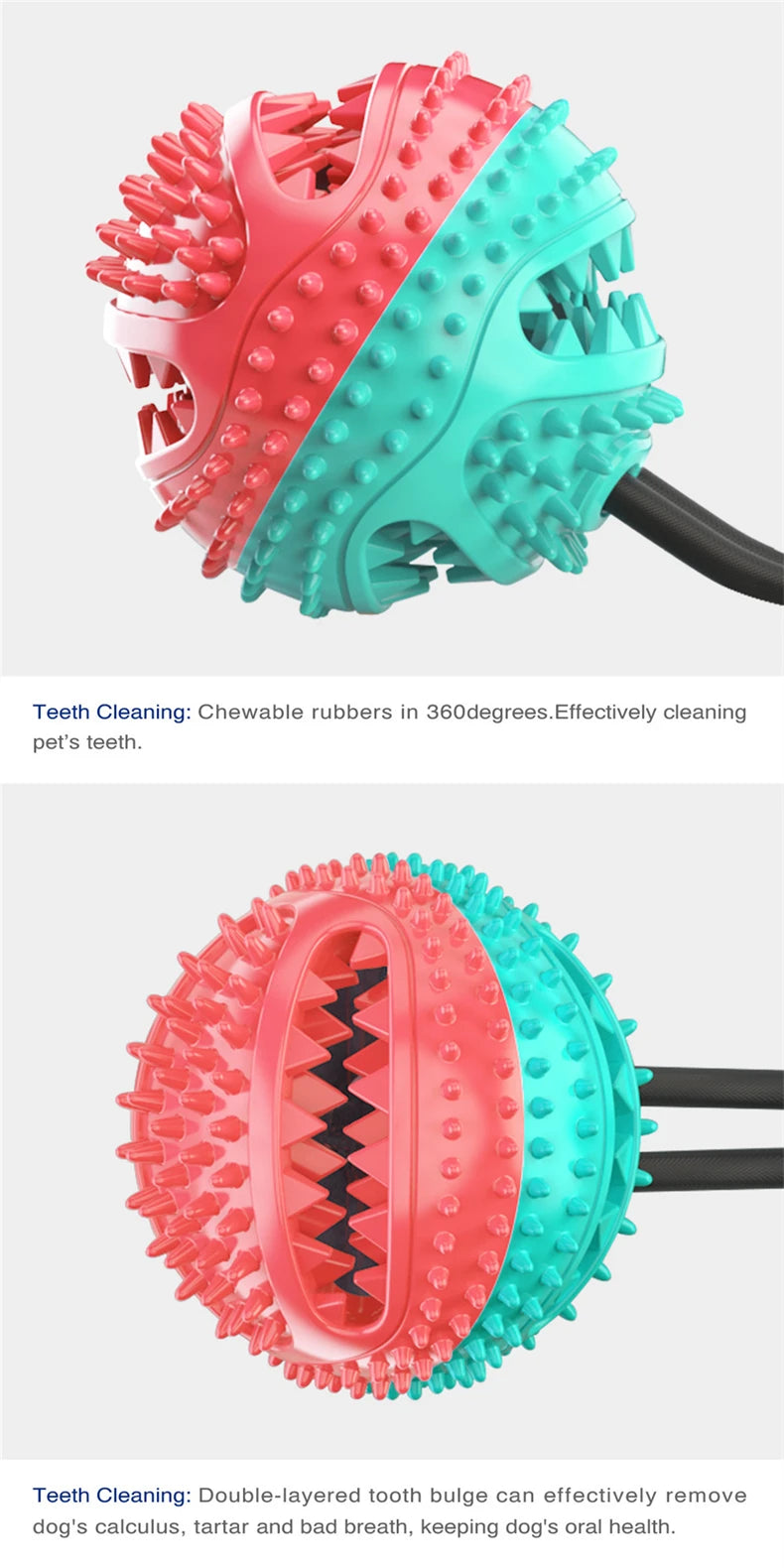 Dog Tug of War Toy Chew Toy Slow Feeder Food Dispenser Sounding Interactive Toy Firmly Suction Cup Toothbrush Durable Molar Ball