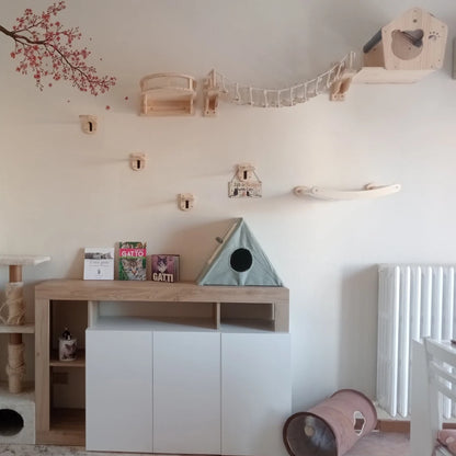 Wall Mounted Cat Bridge Cat Hammock with Wood Stairway or Scratching Post for Cats Perch and Playing Cat Indoor Playground