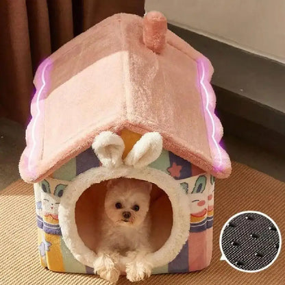 Cute Luxury Cat Villa Cat Bed Winter Warmth Fully Enclosed Removable Cushion Pillow Cat Tent Cat Dog Pet Nest Girl Pink PP Cotto