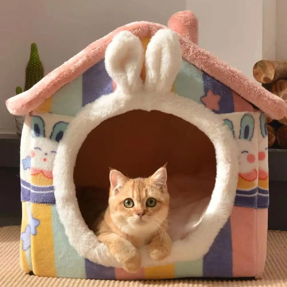 Cute Luxury Cat Villa Cat Bed Winter Warmth Fully Enclosed Removable Cushion Pillow Cat Tent Cat Dog Pet Nest Girl Pink PP Cotto