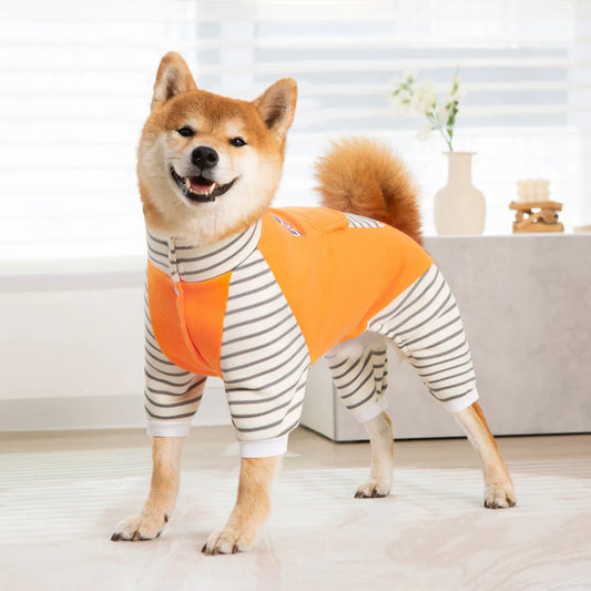 3XL-8XL Large Dog Jumpsuit Turtleneck Warm Plush Lined Dog Pajamas Onesie Stripe Winter Clothes for Large Dogs Pet Pitbull