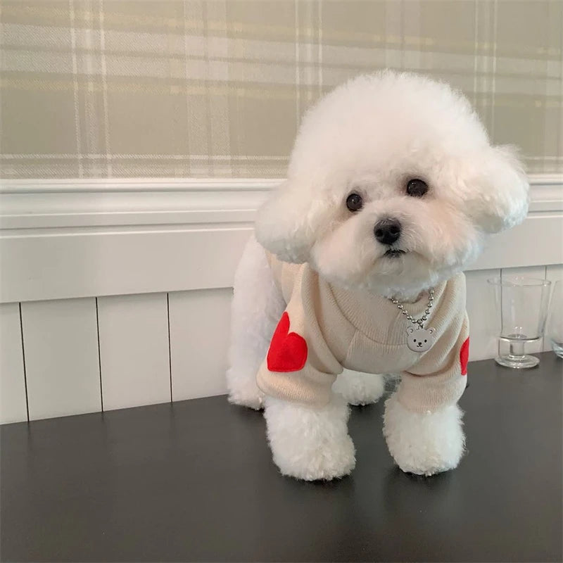 Autumn Winter Plush Pet Dog Clothes Heart Print Soft Velvet Cat Hoodie Teddy Pet Overalls Thick Warm Yorkshire Marzis Clothing