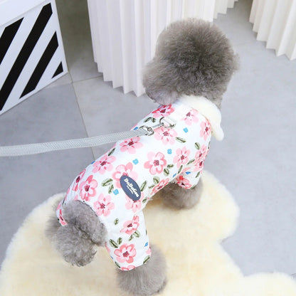 Thicken Warm Padded Dog Jumpsuit for Small Dogs, Chinese Style Floral Pattern Pet Costume Sherpa Lined Dog Winter Clothes