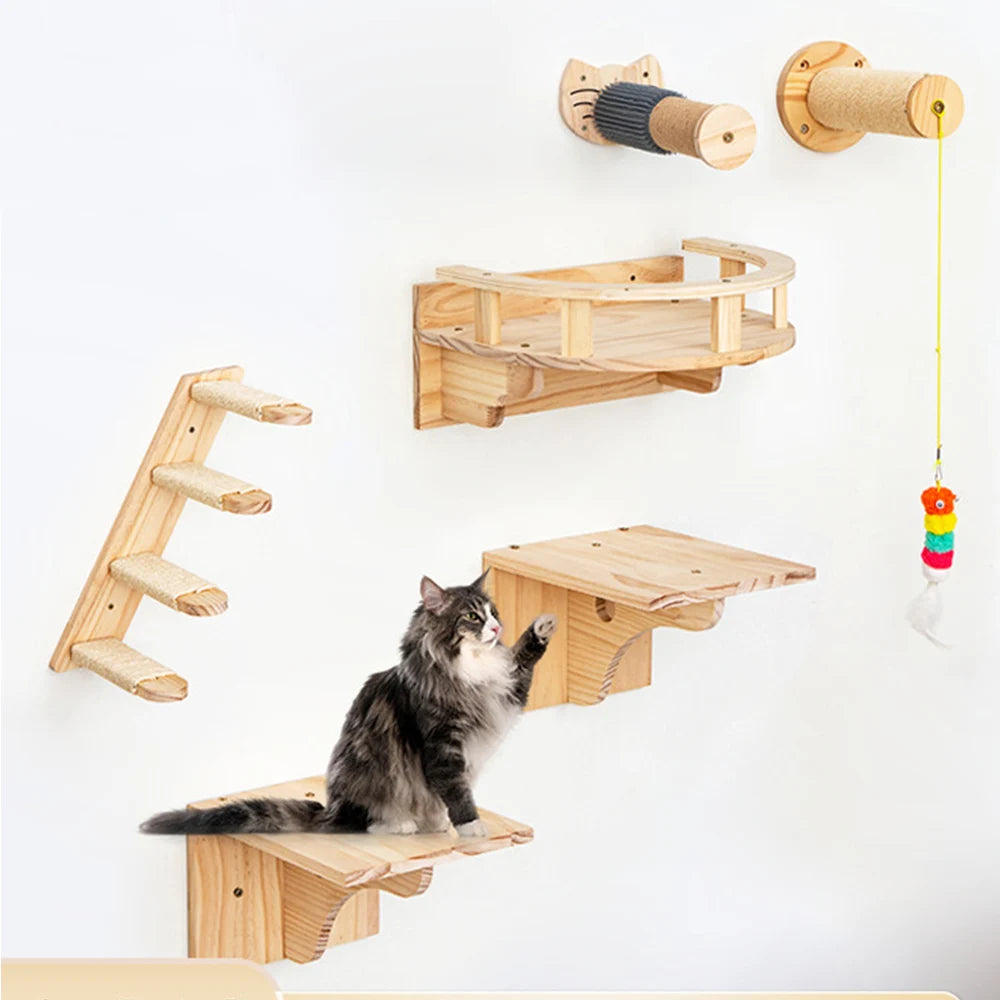 Cat Tower Tree Wall Mounted Wooden Climbing Shelf for Cat Bed and Scratcher Post,  Ladder, Widen Steps for Kitten Play & Rest