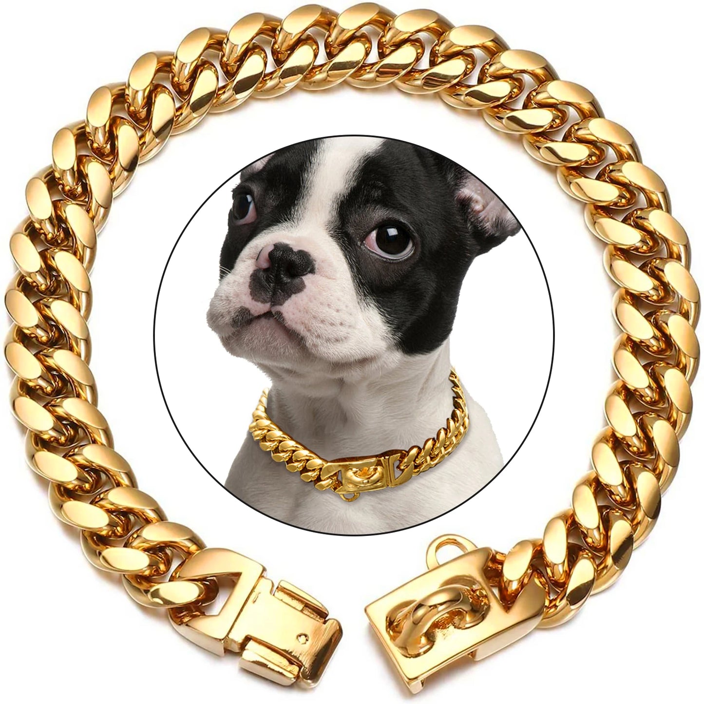 Strong Stainless Steel Dog Collar Choke with Safety Buckle Lock Golden Cuban Link Chain Metal Necklace Training Collar for Pets