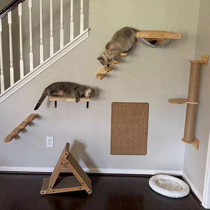 1PC Wall Mounted Cat Climbing Shelf Cat Sisal Wooden Ladder Bridge with Hammock and Jumping Platform for Kitten Playing and Rest