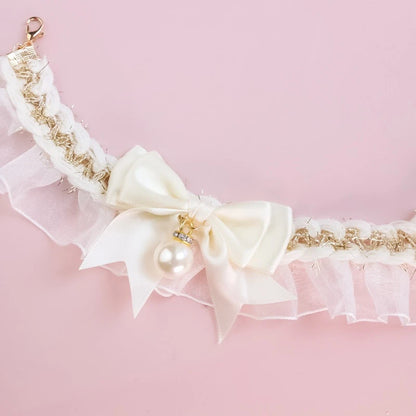 Romantic Summer Dog Collar Bow Tie Pearl Lace Party Cat Necklace for Small Puppy Luxury Designer Chihuahua Pet Neck Accessories