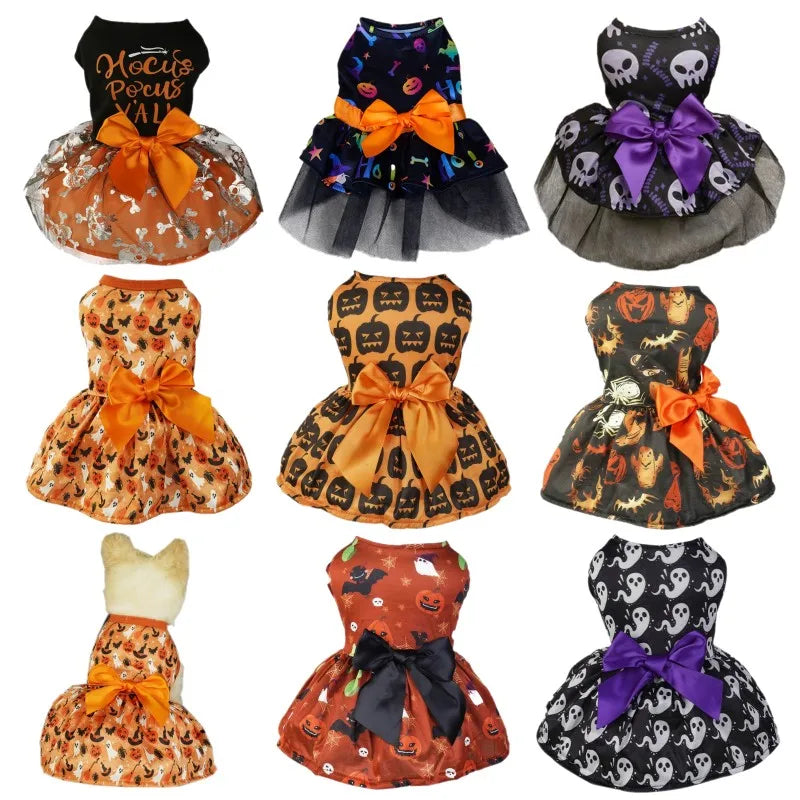 Halloween Dog Costume Funny Dog Clothes Pumpkin Print Pet Dress Chihuahua Bichon Clothing Bow Lace Festival Skirt Cat Dresses
