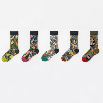 5 Pairs/Set France Hipster Design Glass Silk Floral Bird Funny Socks Women Transparent Art Ankle  Socks Jacquard