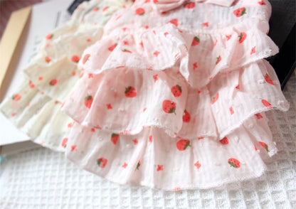 Light Pink Summer Fancy Dresses Strawberry Print Princess Bow Tie Tiered Skirt Vest Overalls Female New Puppy Clothing for Cats