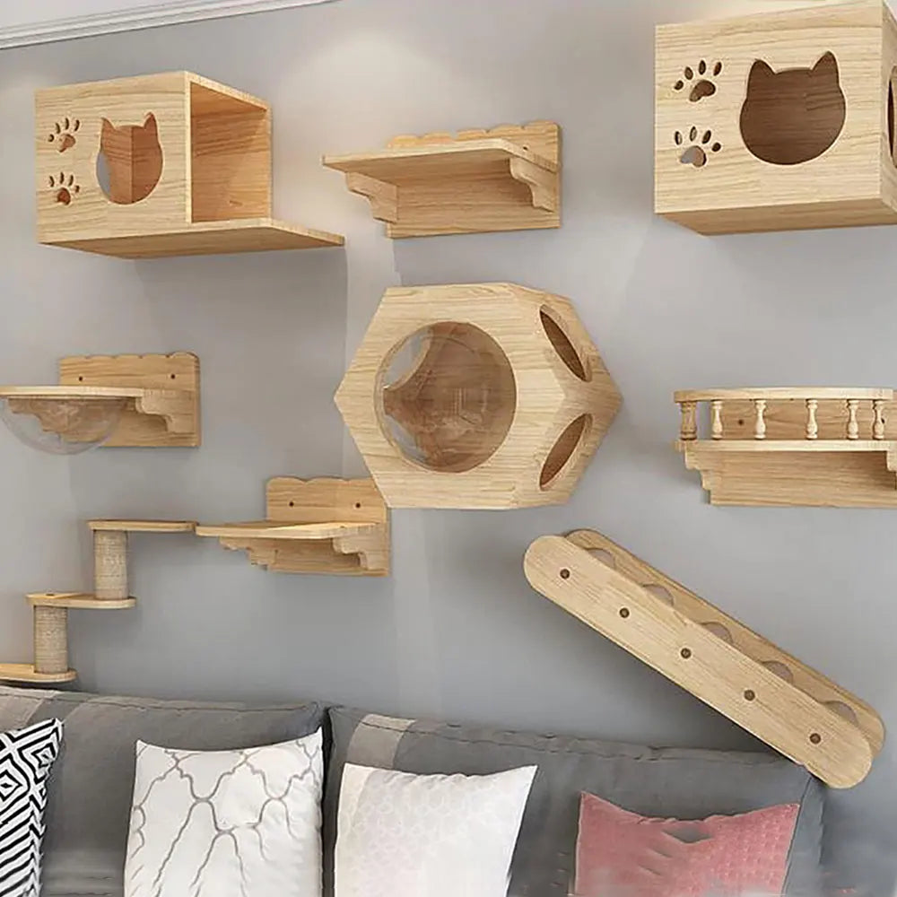 Cat Wall Mounted Shelves Climbing Ladder Cat Bridge Step and  Platform with Scratching Post for Grinding Claw and Playing