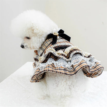 High Collar Small Dog Clothes Plaid Woolen New Year Autumn Winter Brown Overalls for Cats Maillard Fashion Girl Chihuahua Dress