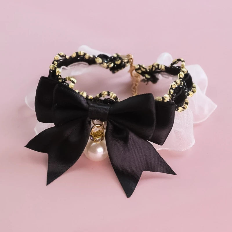 Romantic Summer Dog Collar Bow Tie Pearl Lace Party Cat Necklace for Small Puppy Luxury Designer Chihuahua Pet Neck Accessories